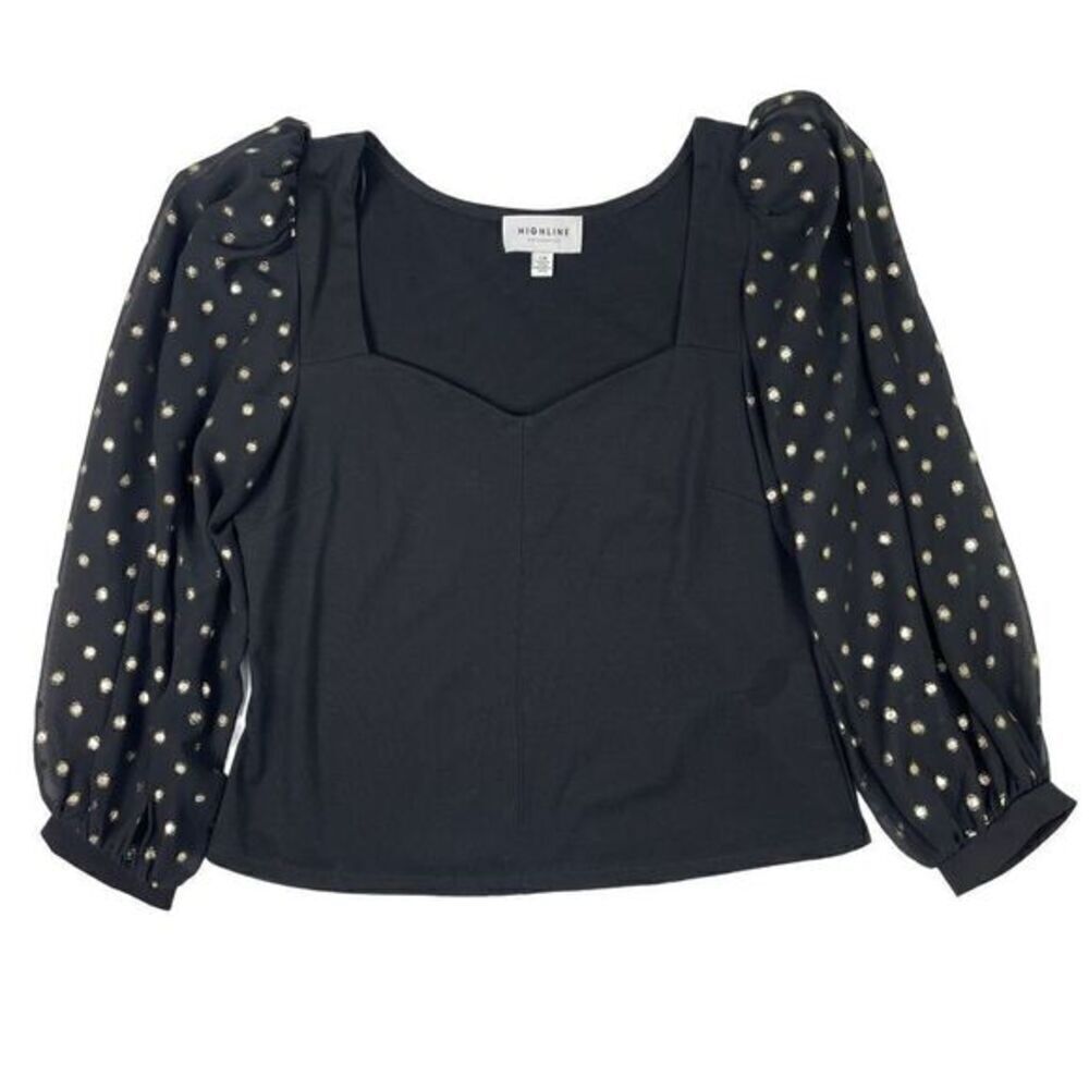 HIGHLINE COLLECTIVE Black & Gold Polka Dot Dress Blouse Women’s Size Large
